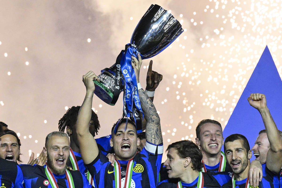 Lautaro Martinez pictured lifting the Supercoppa Italiana trophy after scoring for Inter Milan in a 1-0 win over Napoli in the final in January 2024