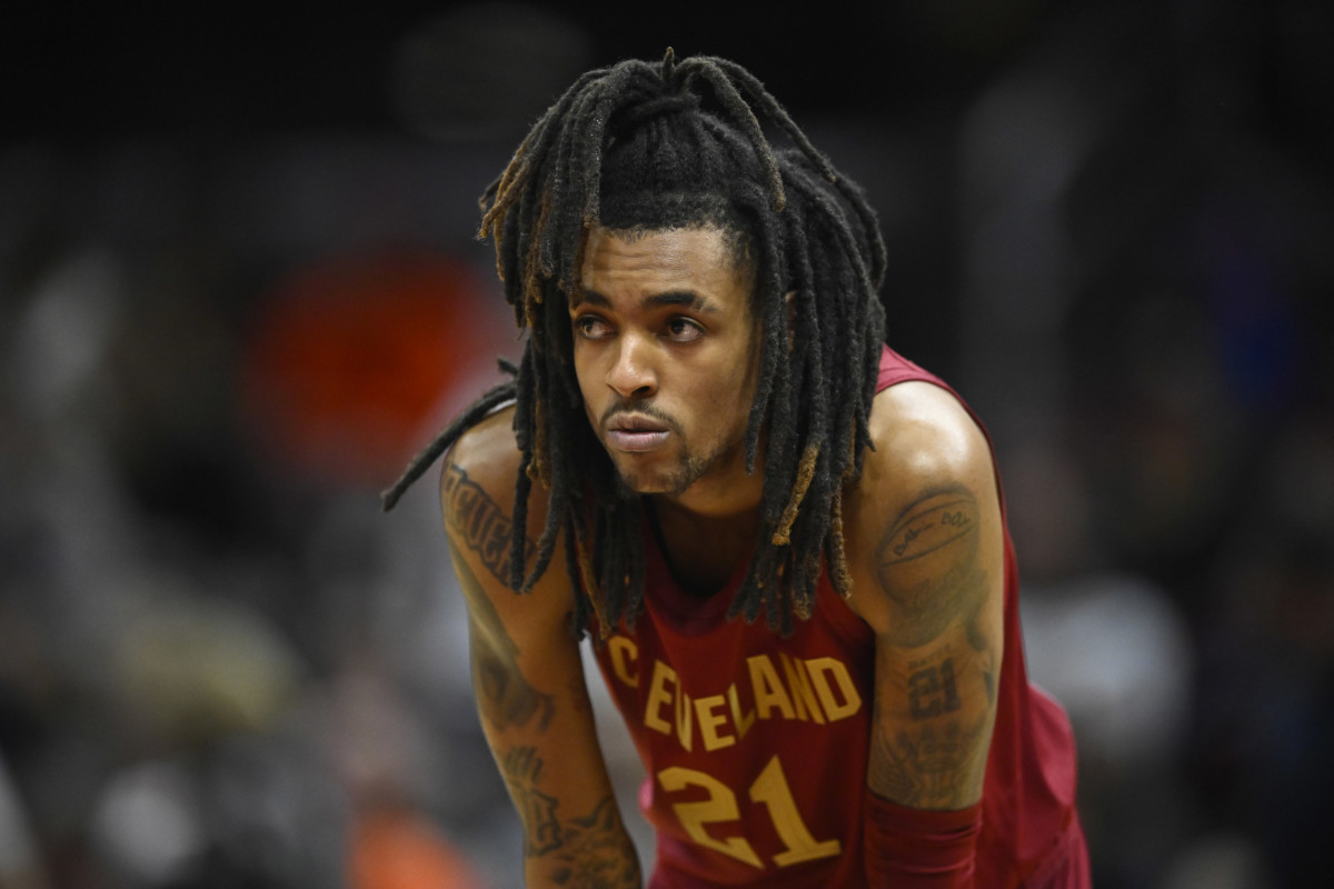 Nov 19, 2023; Cleveland, Ohio, USA; Cleveland Cavaliers forward Emoni Bates (21) stands on the court in the fourth quarter against the Denver Nuggets at Rocket Mortgage FieldHouse.