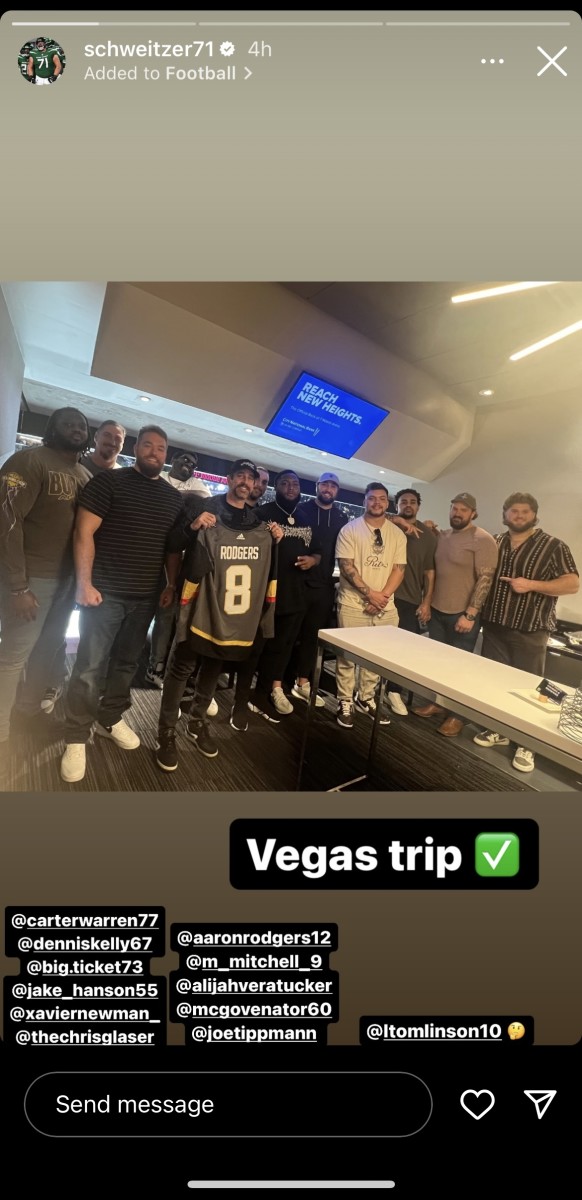 Jets' QB Aaron Rodgers with 11 offensive linemen at a Vegas Golden Knights' game