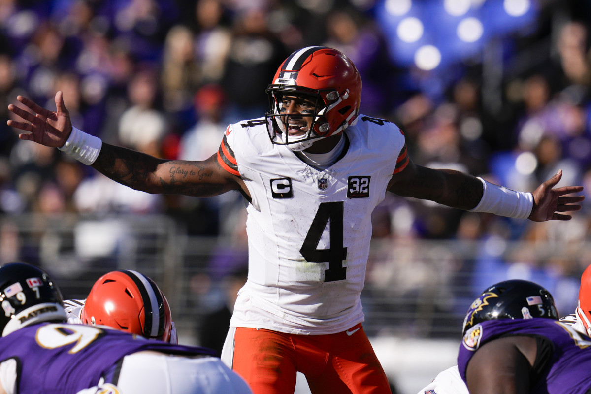 Nov 12, 2023; Baltimore, Maryland, USA; Cleveland Browns quarterback Deshaun Watson (4) calls out to teammates before the snap against the Baltimore Ravens during the first half at M&T Bank Stadium.