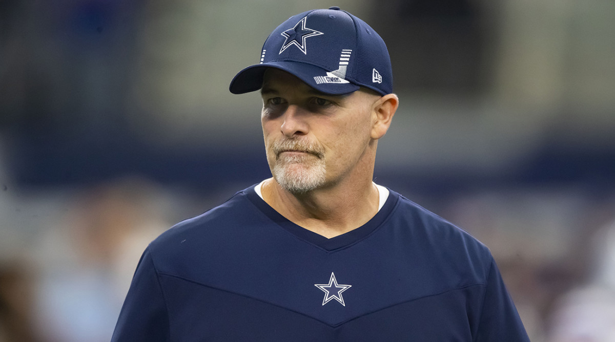 Dallas Cowboys defensive coordinator Dan Quinn against the Carolina Panthers at AT&T Stadium.