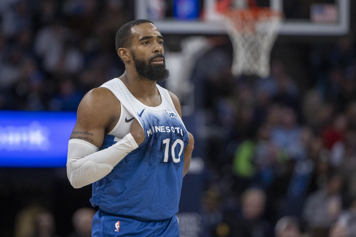 Jan 20, 2024; Minneapolis, Minnesota, USA; Minnesota Timberwolves guard Mike Conley (10) looks on against the Oklahoma City Thunder in the second half at Target Center.