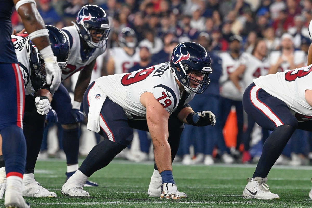 Aug 10, 2023; Foxborough, Massachusetts, USA; Houston Texans center Jimmy Morrissey (79) lines up against the New England Patriots during the second half at Gillette Stadium.
