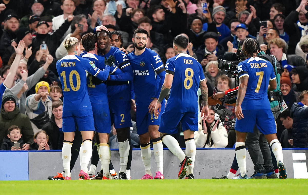 Chelsea's players pictured celebrating a goal during a 6-1 win over Middlesbrough in January 2024