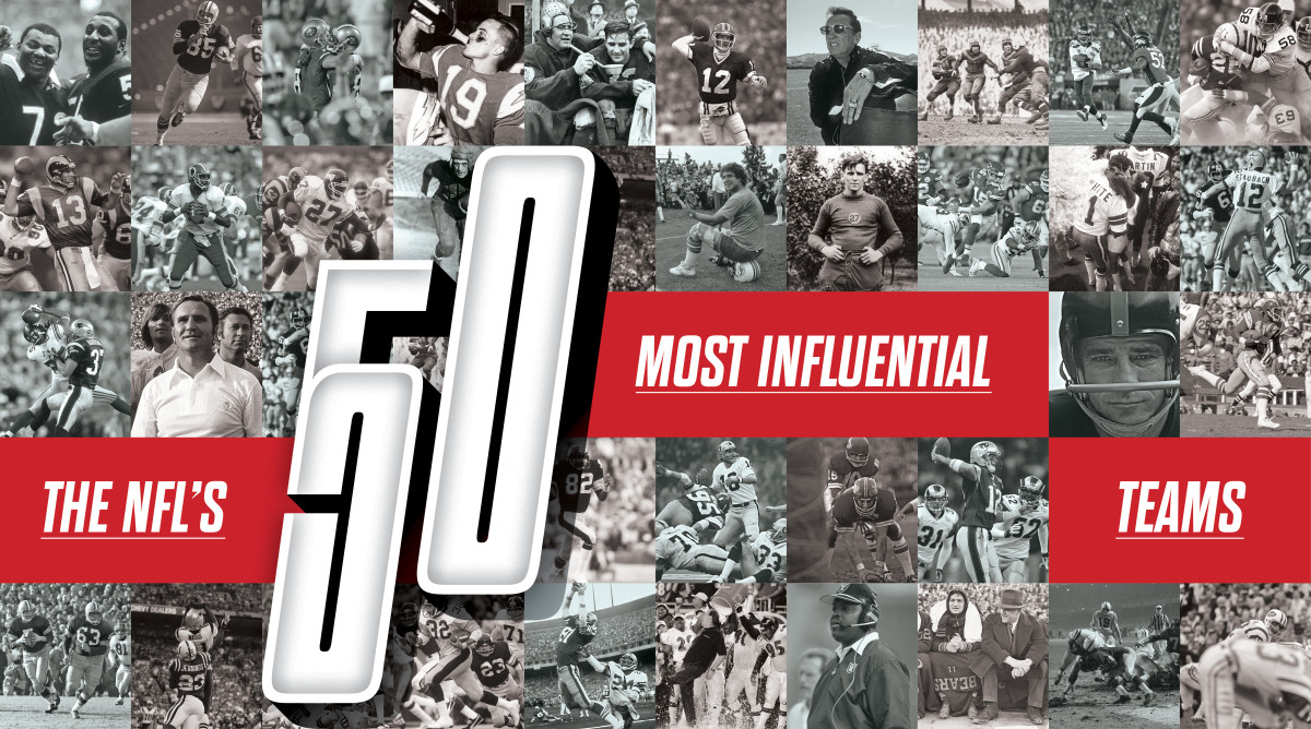A collage of black and white football images with “The NFL’s 50 Most Influential Teams”