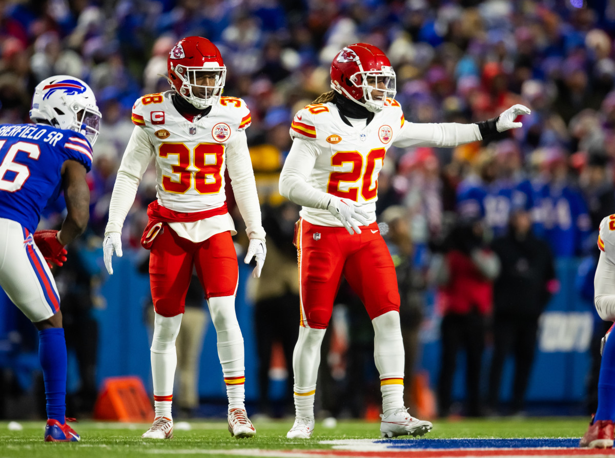 Jan 21, 2024; Orchard Park, New York, USA; Kansas City Chiefs cornerback L'Jarius Sneed (38) and safety Justin Reid (20) against the Buffalo Bills in the 2024 AFC divisional round game at Highmark Stadium. Mandatory Credit: Mark J. Rebilas-USA TODAY Sports