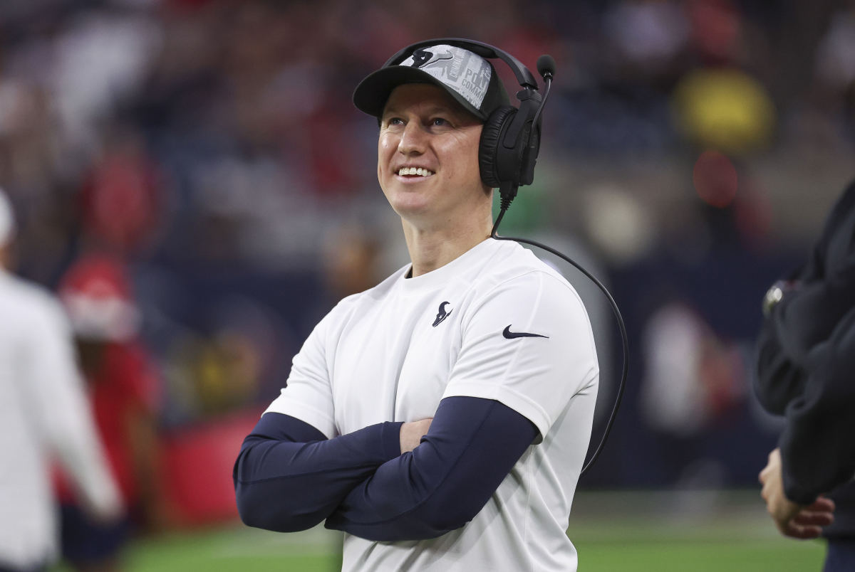 Dec 24, 2023; Houston, Texas, USA; Houston Texans offensive coordinator Bobby Slowik smiles before the game against the Cleveland Browns at NRG Stadium. 