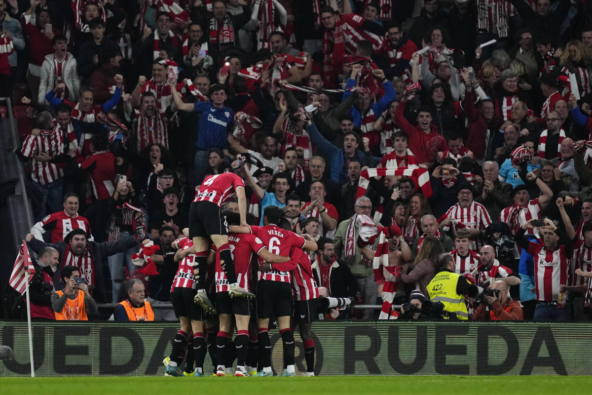 Players and fans of Athletic Bilbao pictured celebrating during a 4-2 win over Barcelona in the quarter-finals of the Copa del Rey in January 2024
