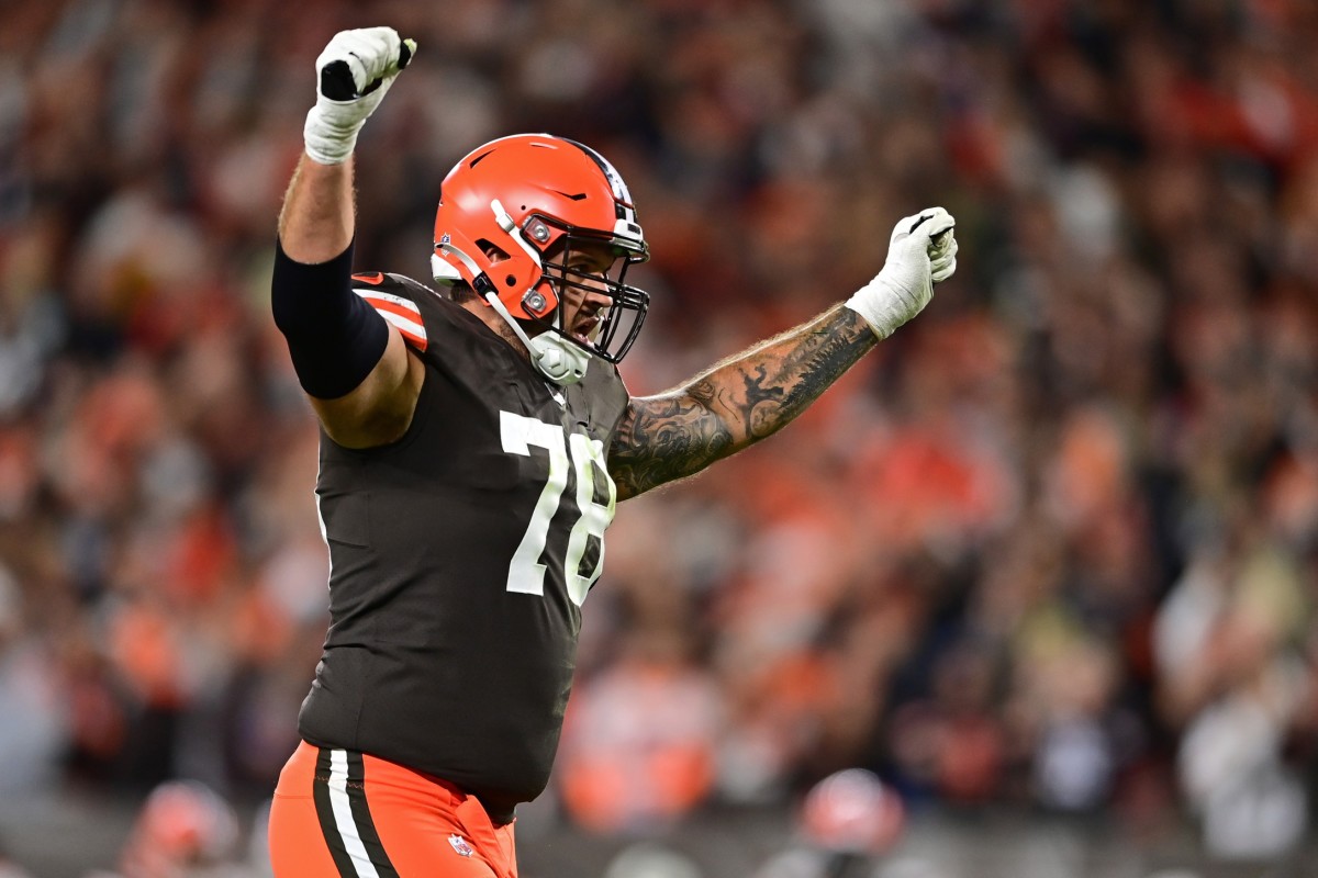Sep 22, 2022; Cleveland, Ohio, USA; Cleveland Browns offensive tackle Jack Conklin (78) celebrates after a touchdown by wide receiver Amari Cooper (not pictured) during the first quarter against the Pittsburgh Steelersat FirstEnergy Stadium.
