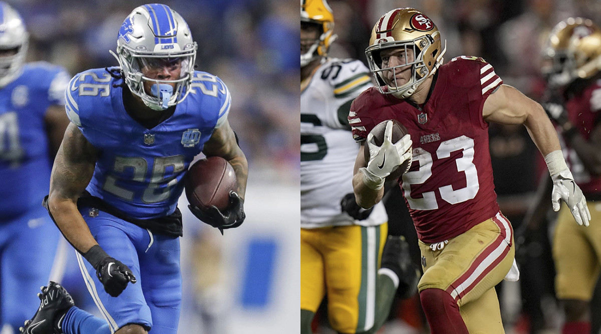 Lions running back Jahmyr Gibbs and 49ers running back Chistian McCaffrey