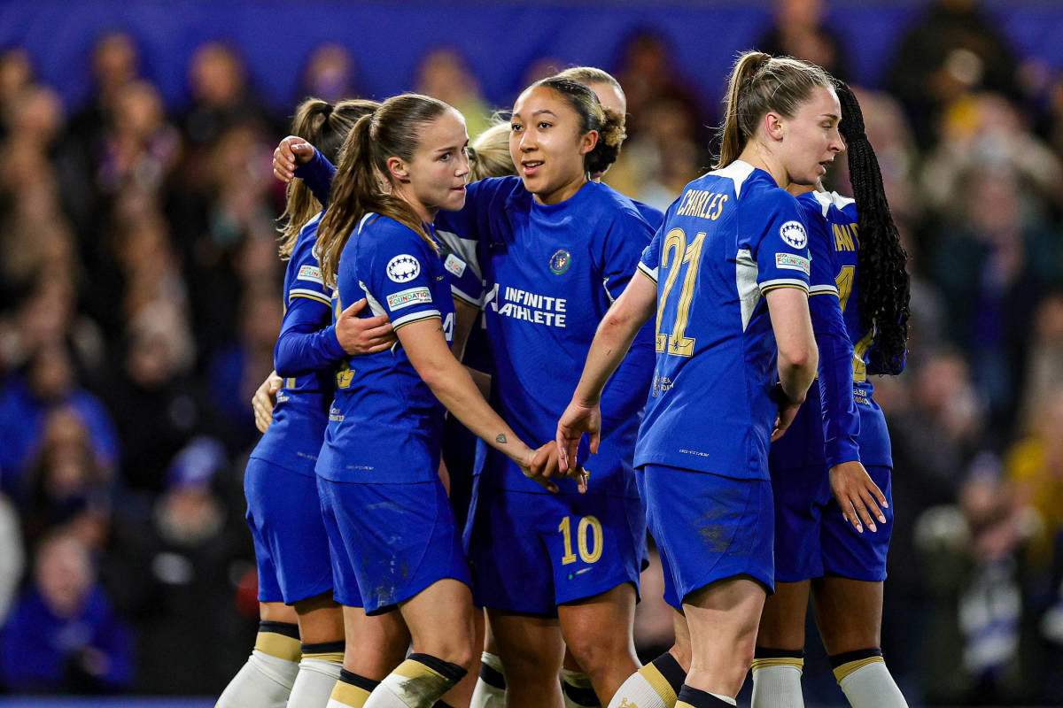 Chelsea's players pictured celebrating a goal during a 2-1 win over Real Madrid at Stamford Bridge in the UEFA Women's Champions League in January 2024