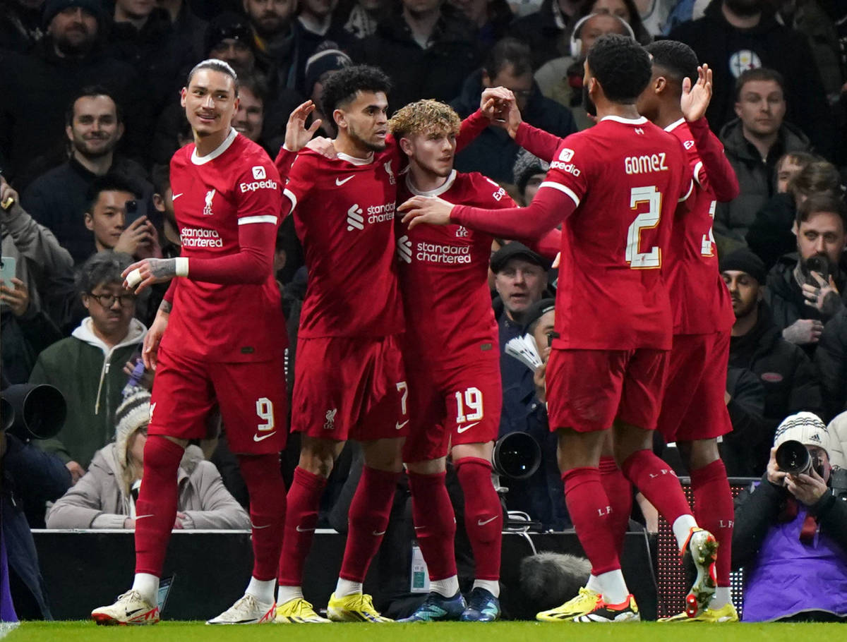 Liverpool players pictured celebrating a goal during a 1-1 draw at Fulham in January 2024