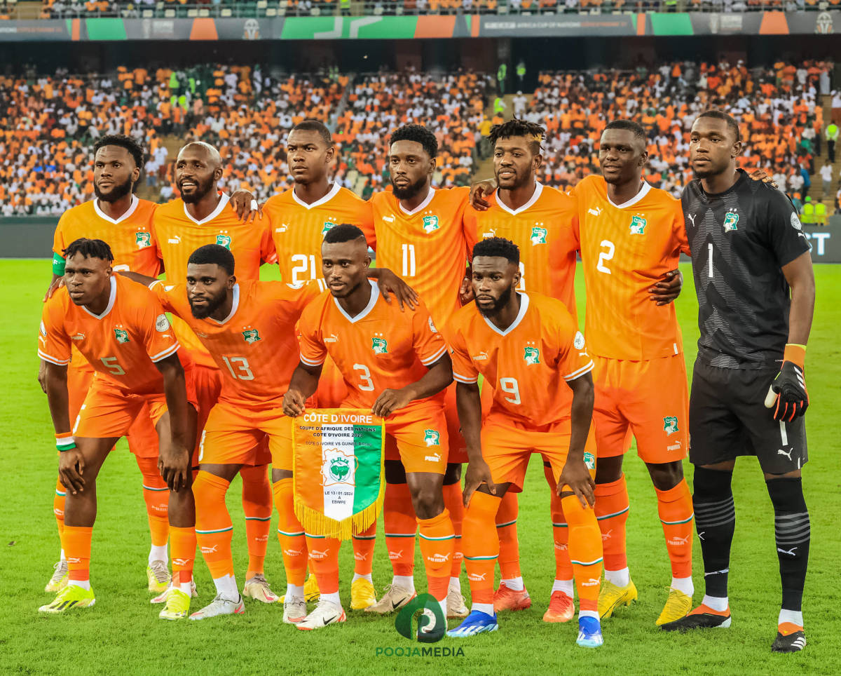 Players from the Ivory Coast pictured posing for a team photo before a game against Guinea-Bissau at the 2023 Africa Cup of Nations in January 2024