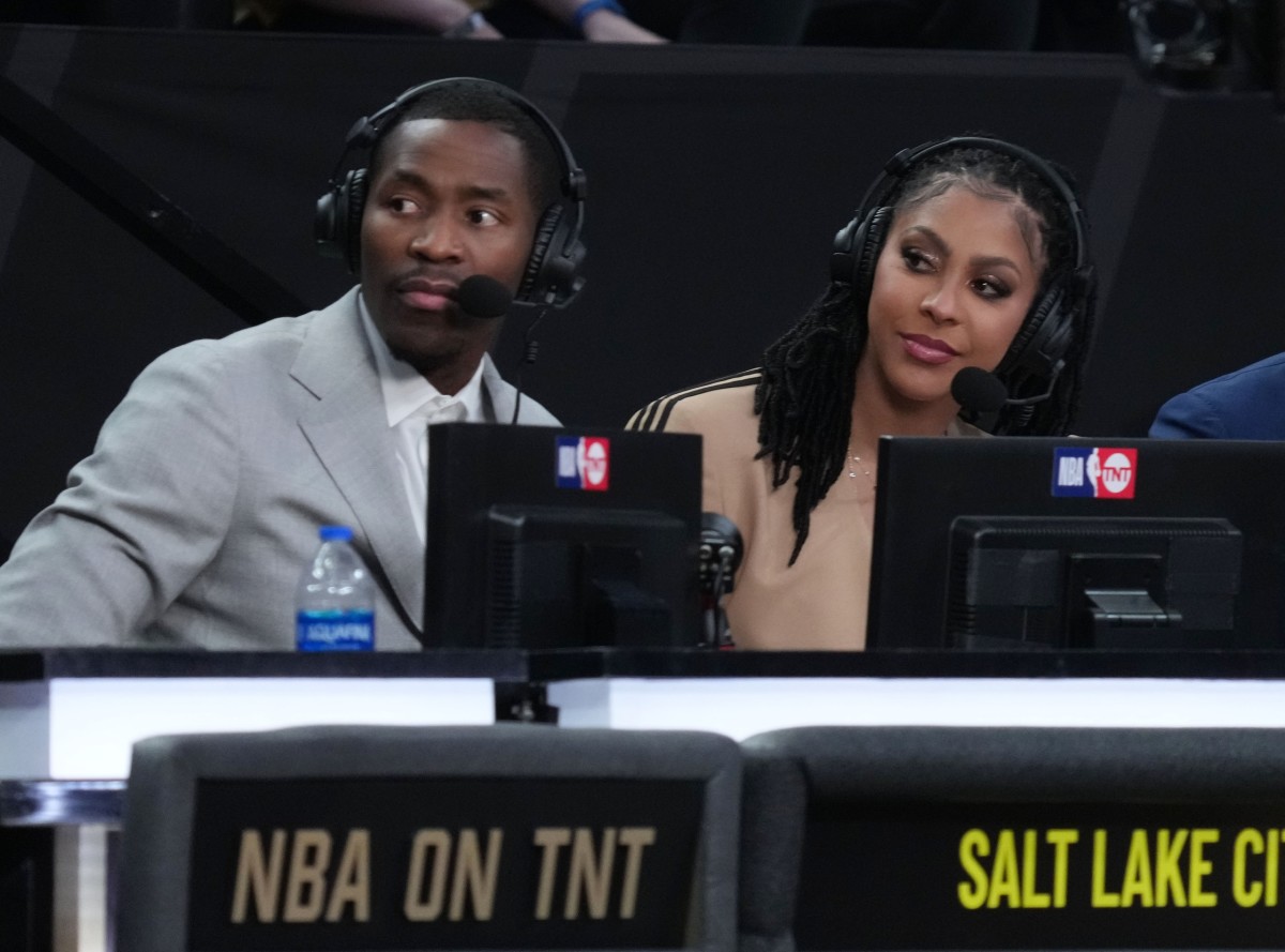 Jamal Crawford and Candace Parker call the game for TNT during the 2023 NBA All Star Rising Stars Game at Vivint Arena. 