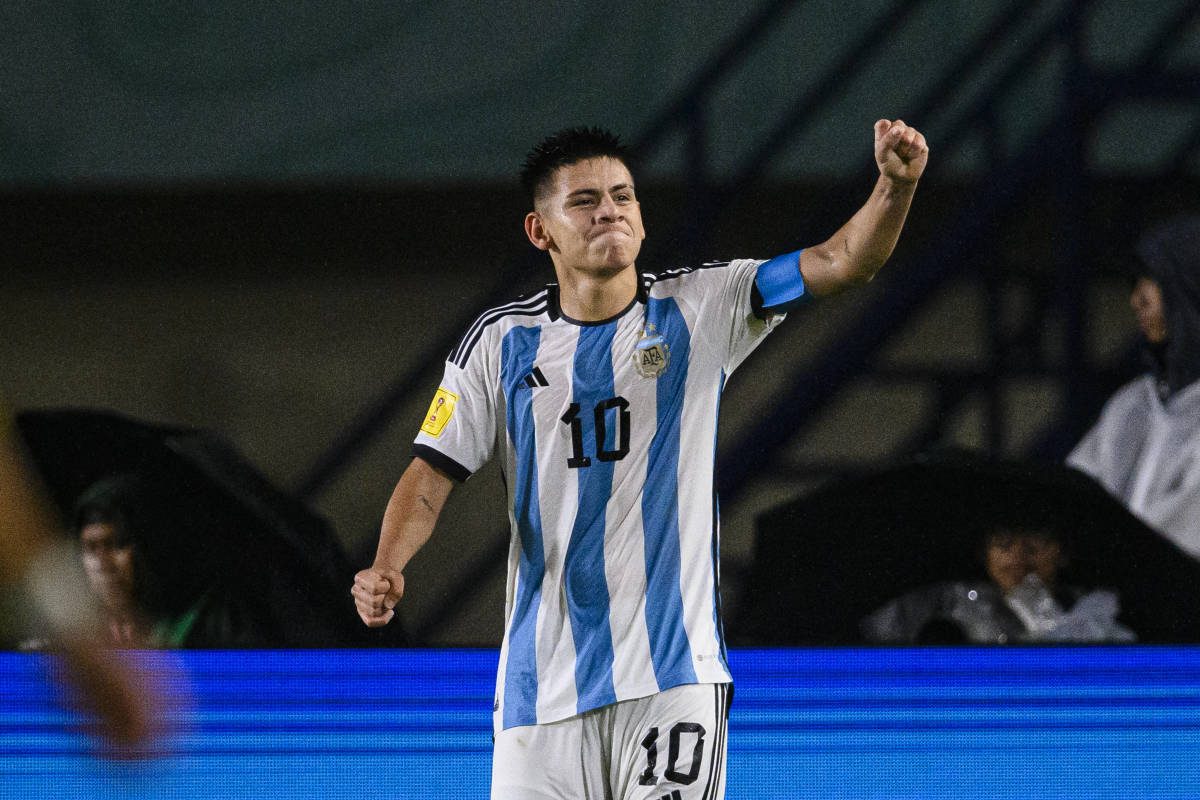 Claudio Echeverri pictured celebrating after scoring a goal for Argentina against Venezuela at the 2023 FIFA U17 World Cup in Indonesia