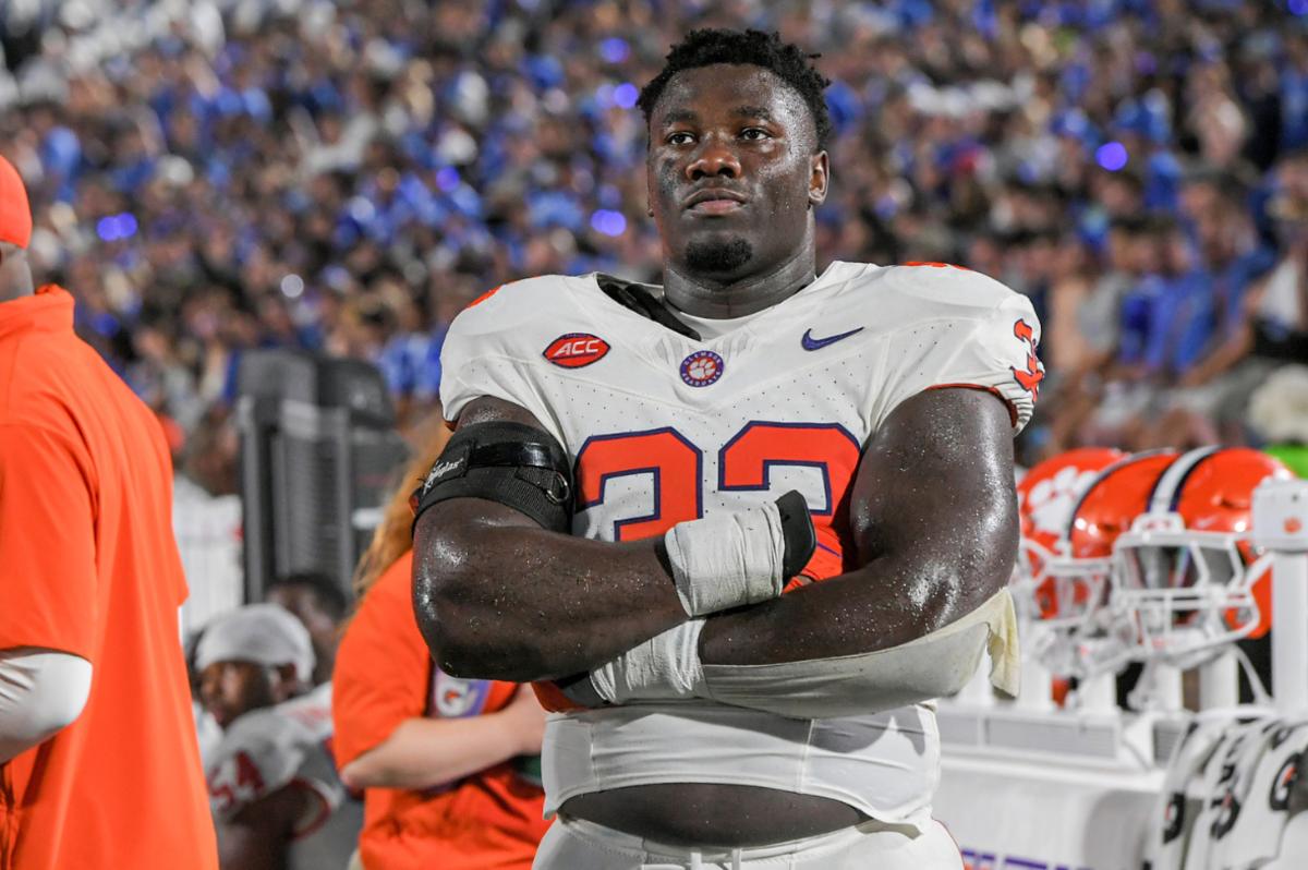 Durham, North Carolina, USA; Clemson Tigers defensive tackle Ruke Orhorhoro (33) stands on the sidelines in the closing minute against the Duke Blue Devils at Wallace Wade Stadium in Durham, N.C.