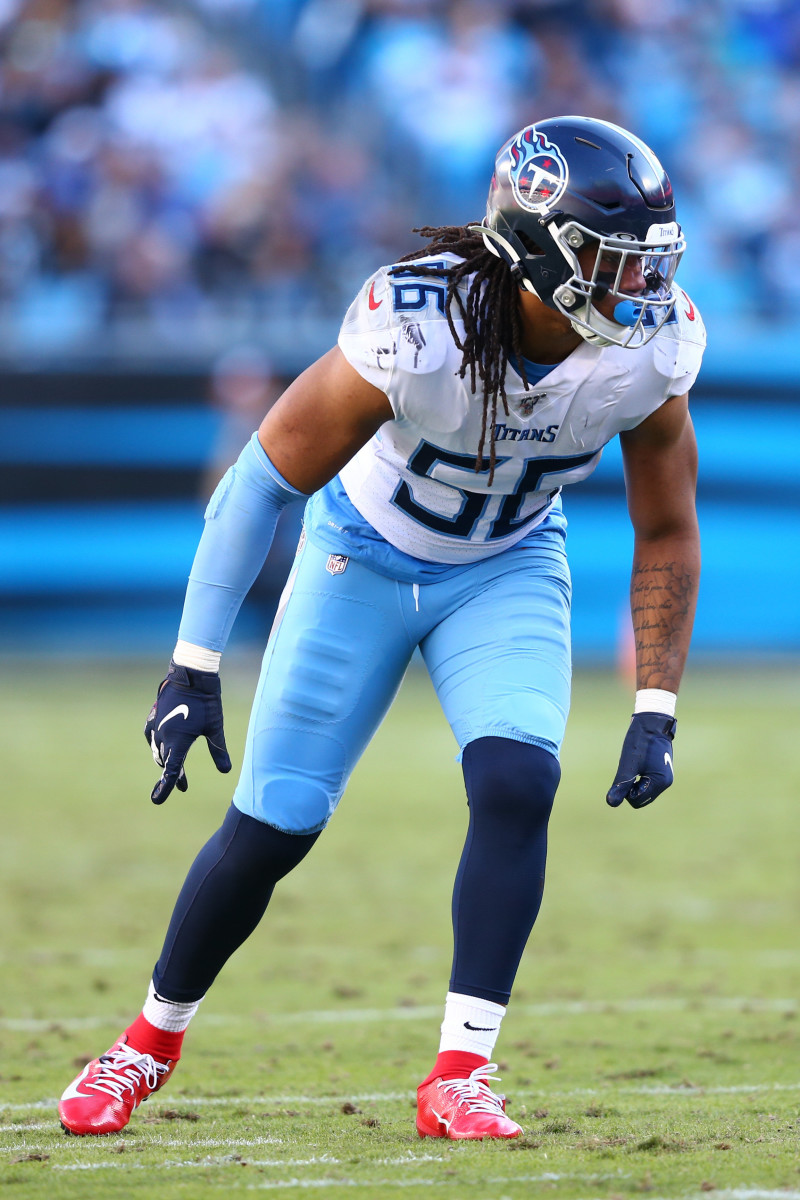 Nov 3, 2019; Charlotte, NC, USA; Tennessee Titans linebacker Sharif Finch (56) lines up during the game against the Carolina Panthers at Bank of America Stadium. Mandatory Credit: Jeremy Brevard-USA TODAY Sports