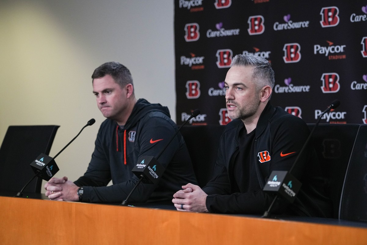 Bengals new Offensive Coordinator Dan Pitcher (right) joins Head Coach Zac Taylor for a press conference at Paycor Stadium on Thursday January 24, 2024.  
