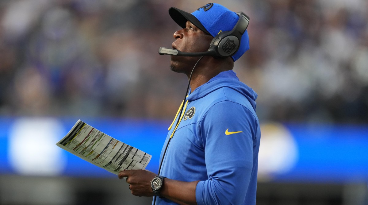 Los Angeles Rams defensive coordinator Raheem Morris watches from the sidelines in the second half of a game against the Carolina Panthers.