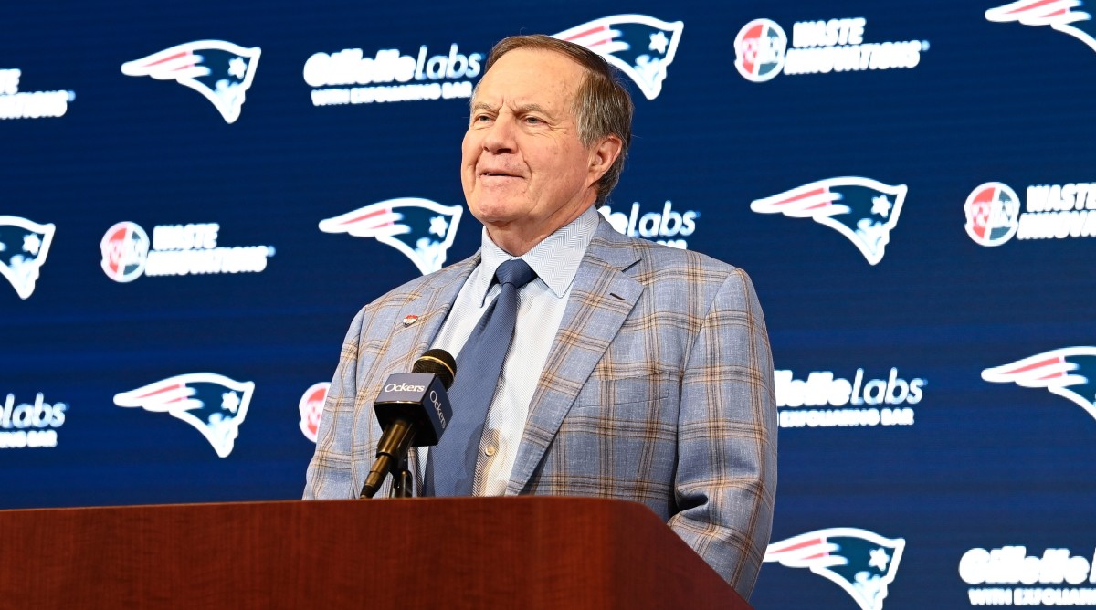 New England Patriots former head coach Bill Belichick holds a press conference at Gillette Stadium to announce his exit from the team.