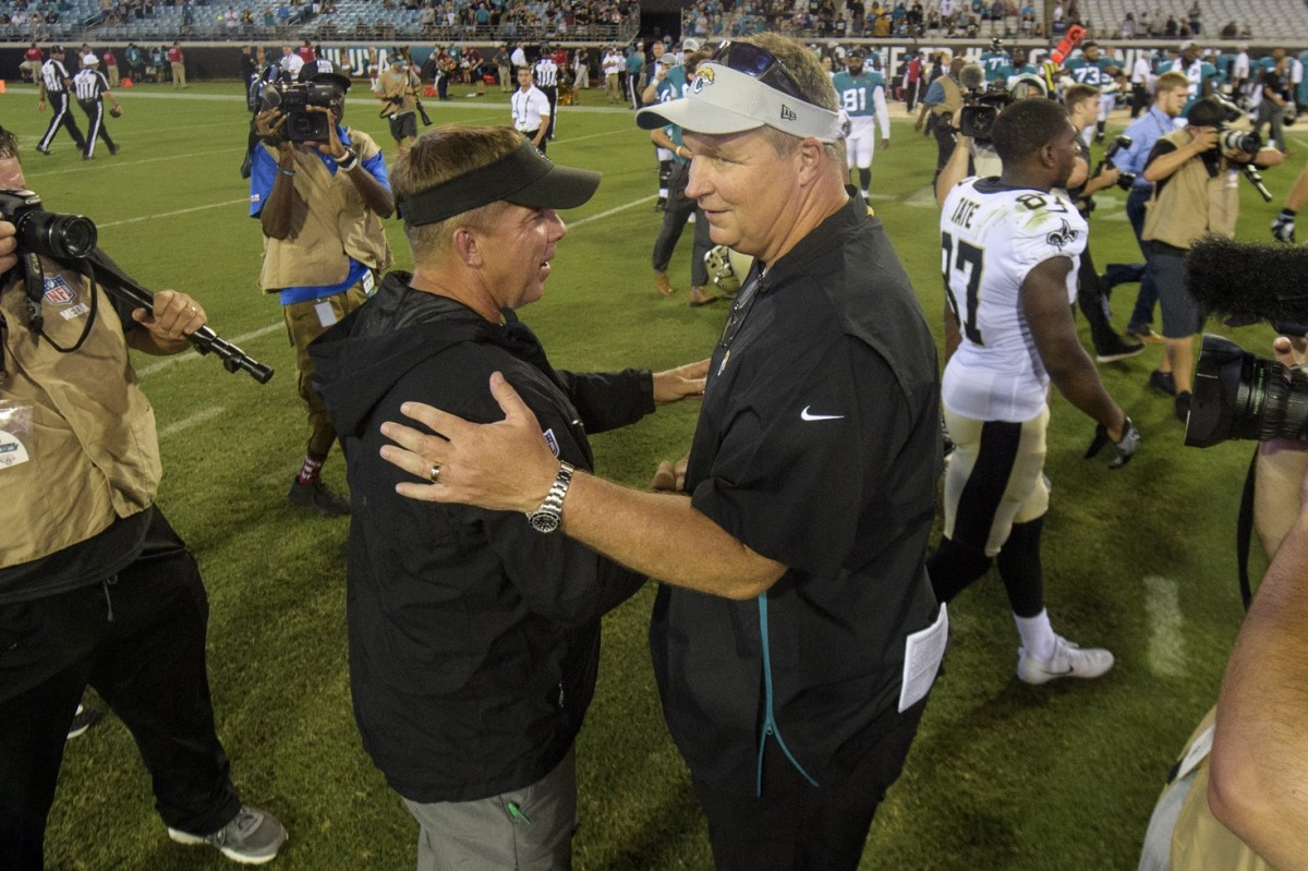 Aug 9, 2018; Jacksonville Jaguars head coach Doug Marrone and New Orleans Saints head coach Sean Payton shake hands after a game at TIAA Bank Field. Mandatory Credit: Douglas DeFelice-USA TODAY Sports