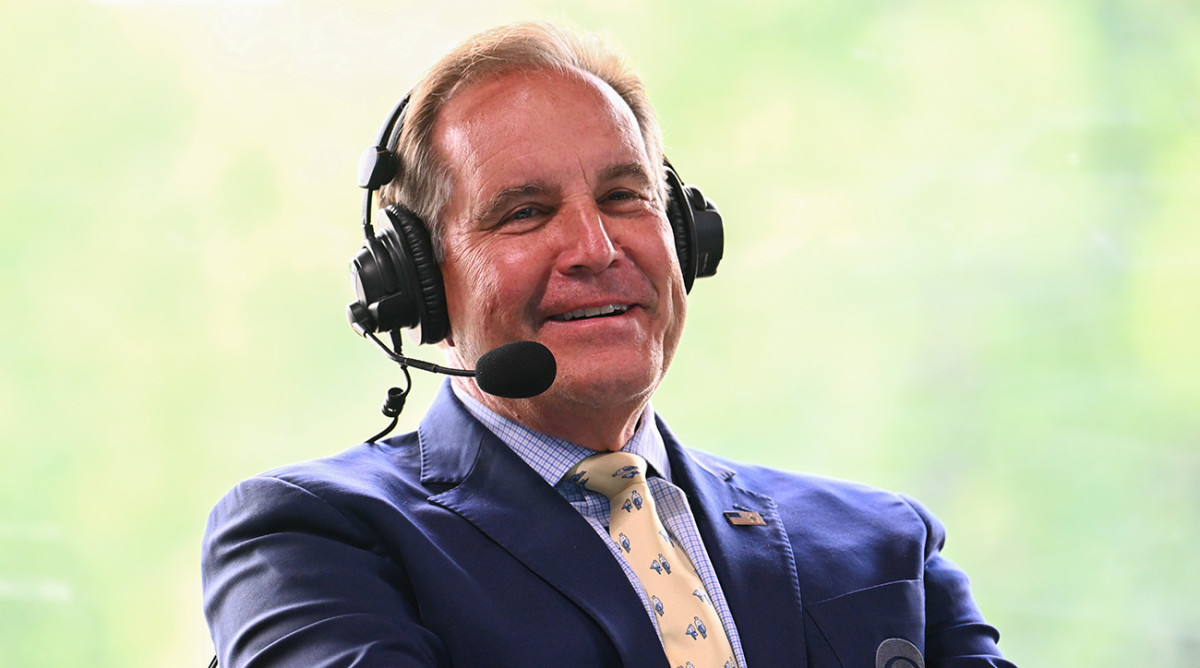 CBS Golf announcer Jim Nantz in the booth during the third round of the the Memorial Tournament presented by Workday at Muirfield Village Golf Club on June 3, 2023 in Dublin, Ohio.