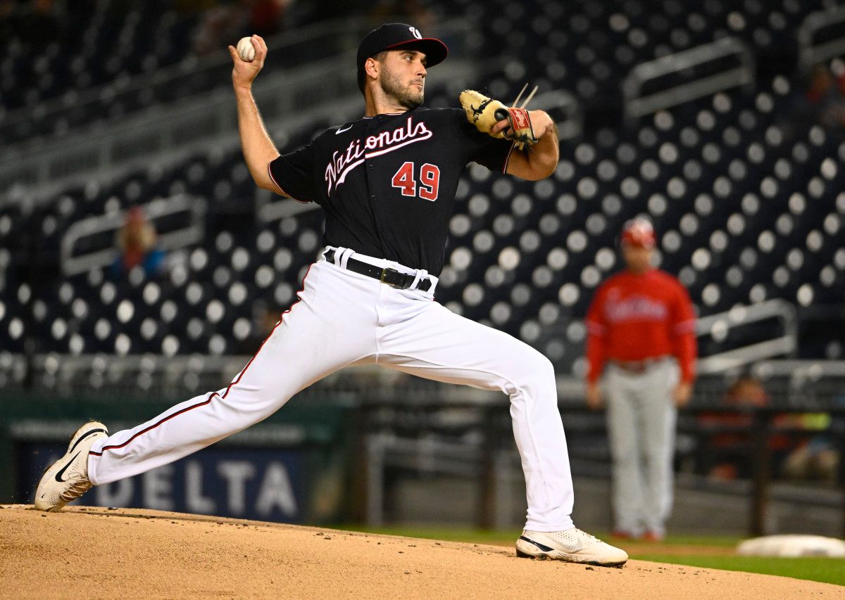 Washington Nationals starting pitcher Tommy Romero throws to the Philadelphia Phillies during the first inning at Nationals Park. (2022)