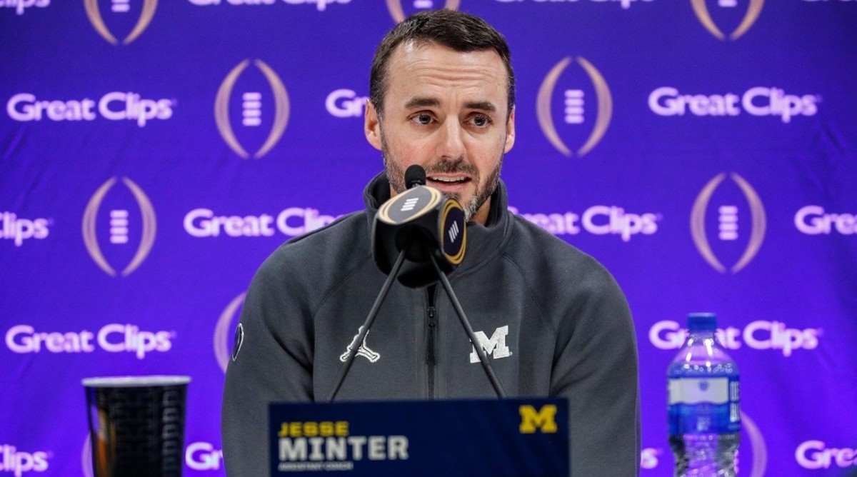 Michigan defensive coordinator Jesse Minter speaks during Media Day at George R. Brown Convention Center in Houston, Texas on Saturday, Jan. 6, 2024.