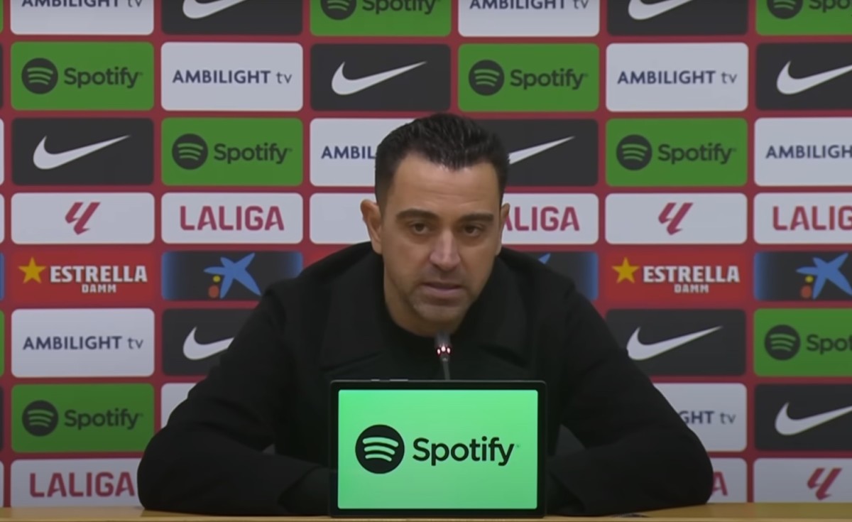 Xavi Hernandez pictured at a Barcelona press conference in January 2024 when he announced his decision to leave the club at the end of the 2023/24 season