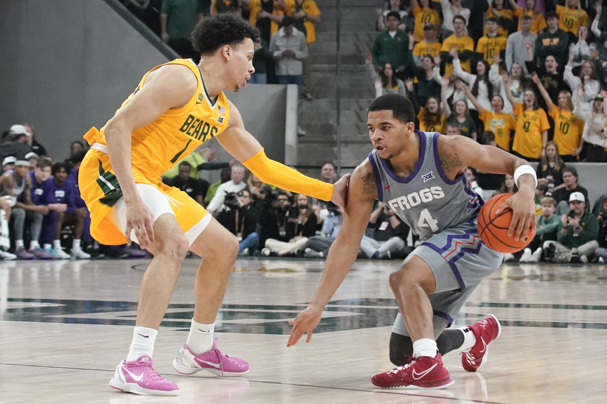 Jan 27, 2024; Waco, Texas, USA; TCU Horned Frogs guard Jameer Nelson Jr. (4) works on Baylor Bears guard Miro Little (1) during the first half at Paul and Alejandra Foster Pavilion. Mandatory Credit: Raymond Carlin III-USA TODAY Sports  