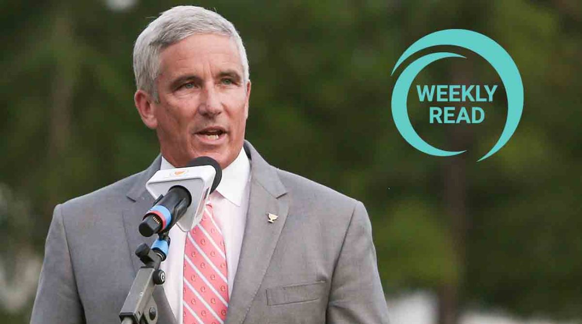 Jay Monahan is pictured speaking at the 2022 Presidents Cup at Quail Hollow in North Carolina, along with the SI Golf Weekly Read logo.