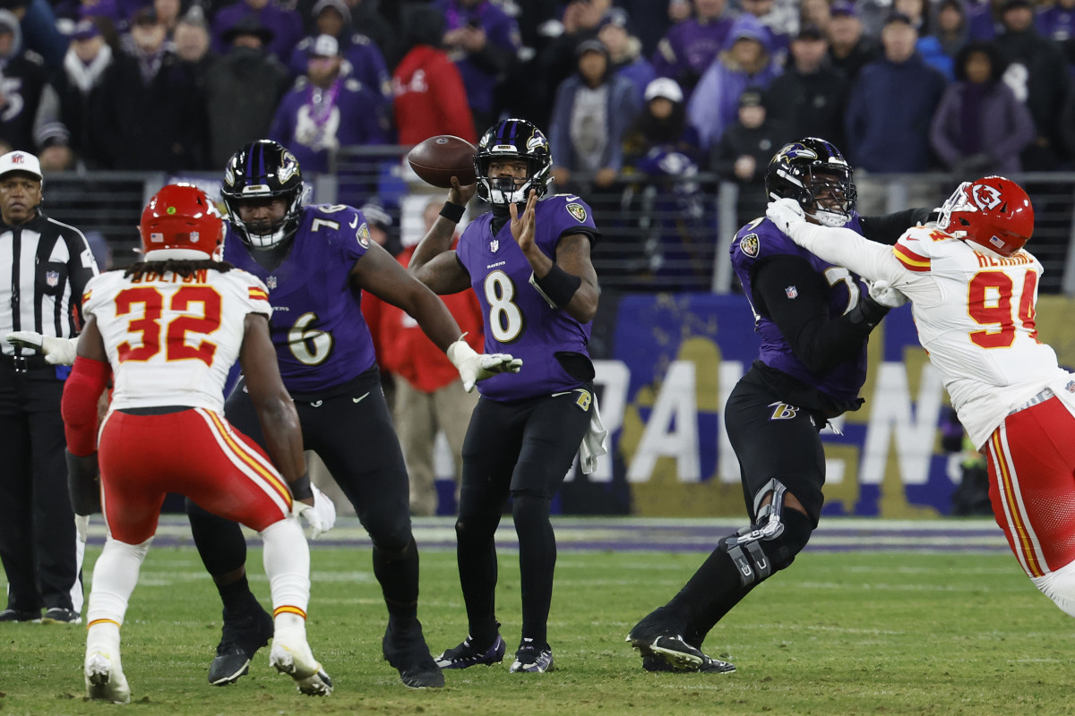 Jan 28, 2024; Baltimore, Maryland, USA; Baltimore Ravens quarterback Lamar Jackson (8) prepares to throw the ball during the second half against the Kansas City Chiefs in the AFC Championship football game at M&T Bank Stadium.