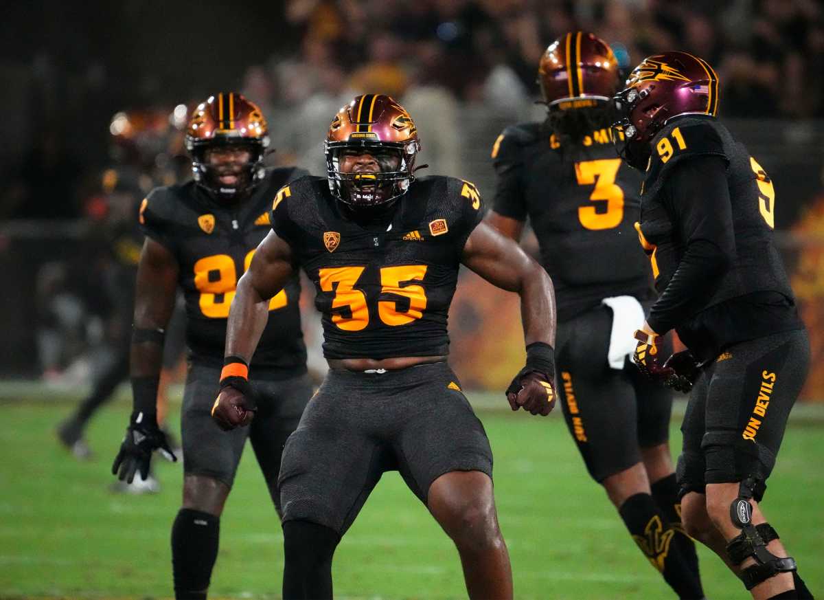 Arizona State Sun Devils defensive lineman B.J. Green II (35) reacts after sacking Oklahoma State Cowboys quarterback Alan Bowman (7) in the first half at Mountain America Stadium in Tempe on Sept. 9, 2023