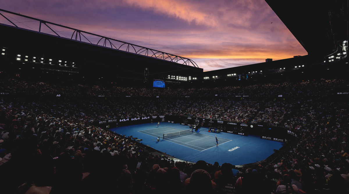 The Australian Open court at sunset.