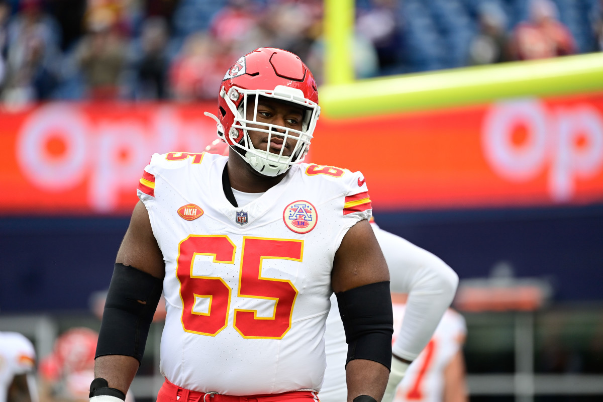 Kansas City Chiefs OG Trey Smith before a game against the New England Patriots. (Photo by Eric Canha of USA Today Sports)
