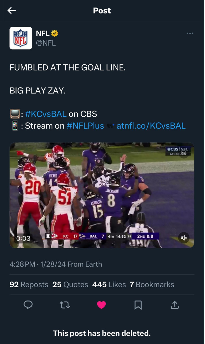 A tweet from the NFL’s account on X seemingly mocked Baltimore Ravens wide receiver Zay Flowers on Jan. 28, 2024.