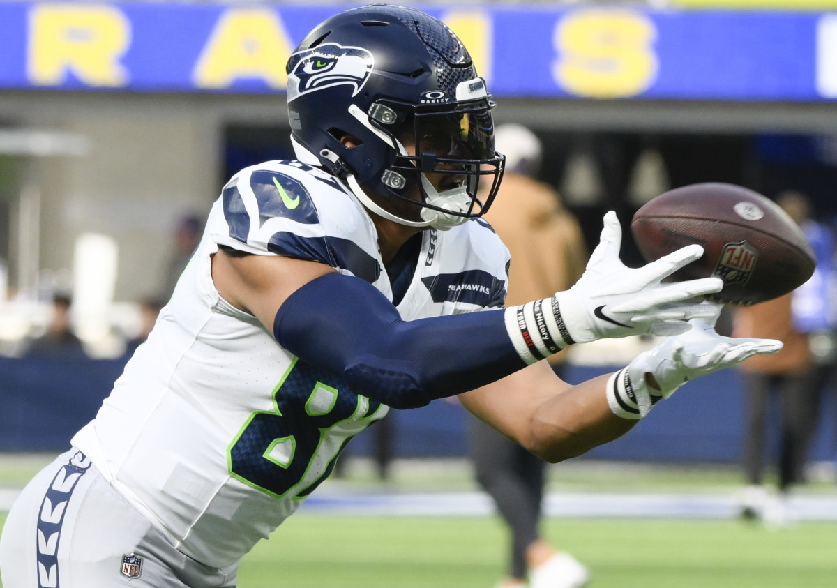 Seattle Seahawks tight end Noah Fant (87) catches a pass during pre-game drills before an NFL game against the Los Angeles Rams at SoFi Stadium.