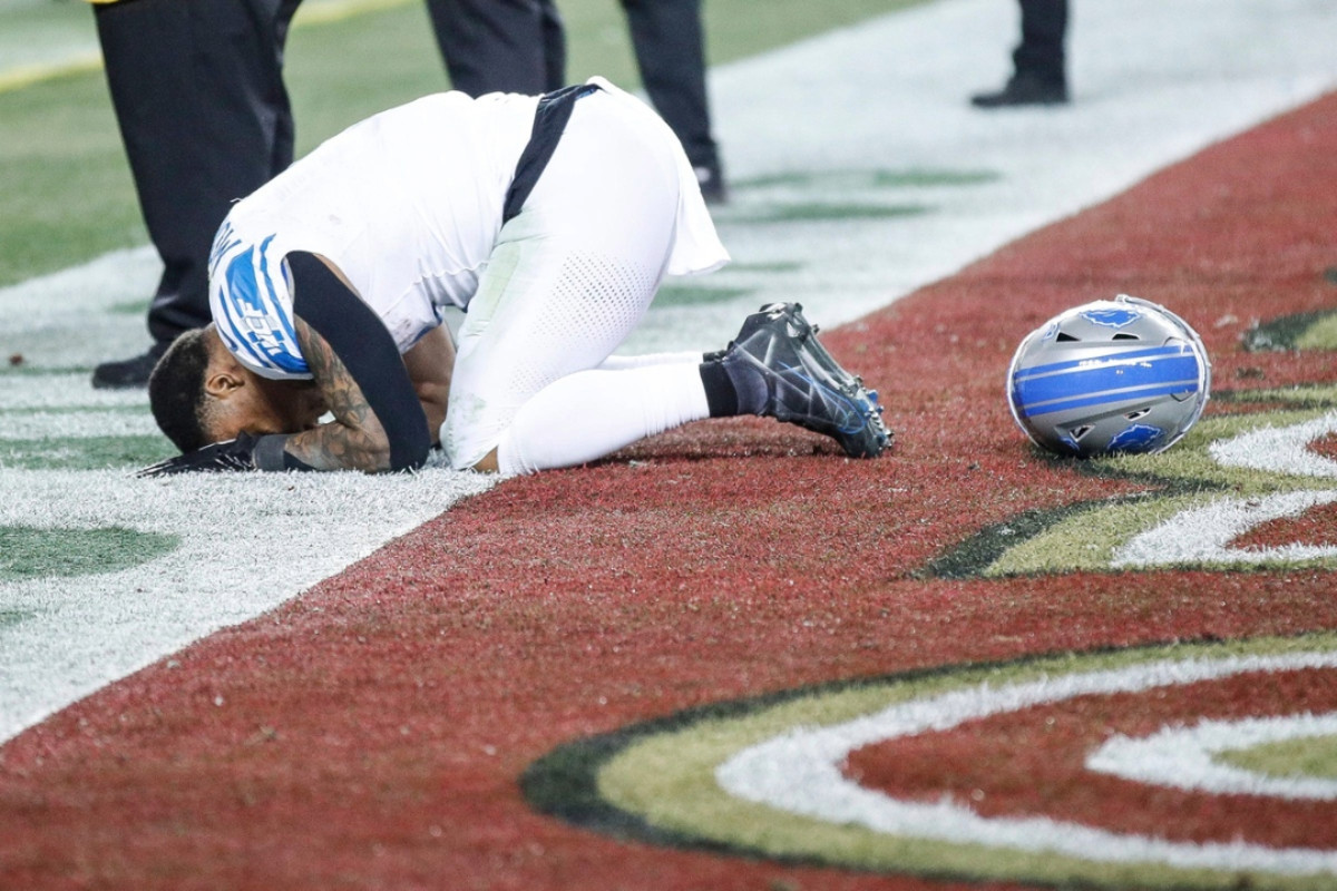 David Montgomery reacts to Detroit Lions NFC Championship game loss to San Francisco 49ers.
