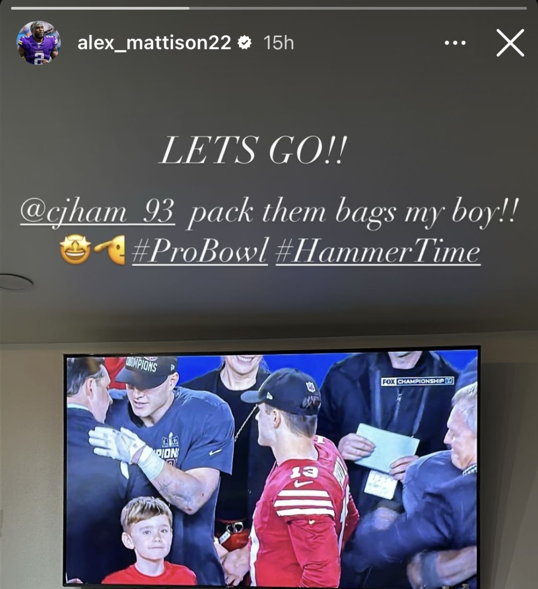Alexander Mattison congratulates C.J. Ham on making the Pro Bowl.