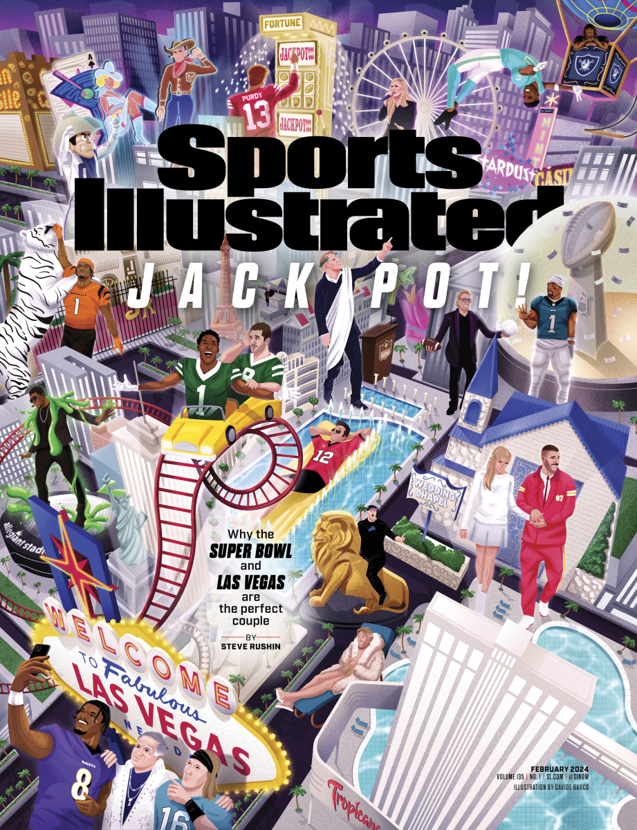 Sports Illustrated cover featuring illustration of various NFL stars within the Las Vegas strip.