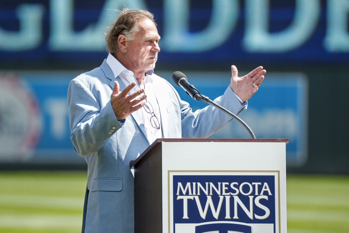 Aug 21, 2022; Minneapolis, Minnesota, USA; Minnesota Twins former player Dan Gladden addresses the crowd as inducted into the Twins hall of fame before the game with the Texas Rangers at Target Field.
