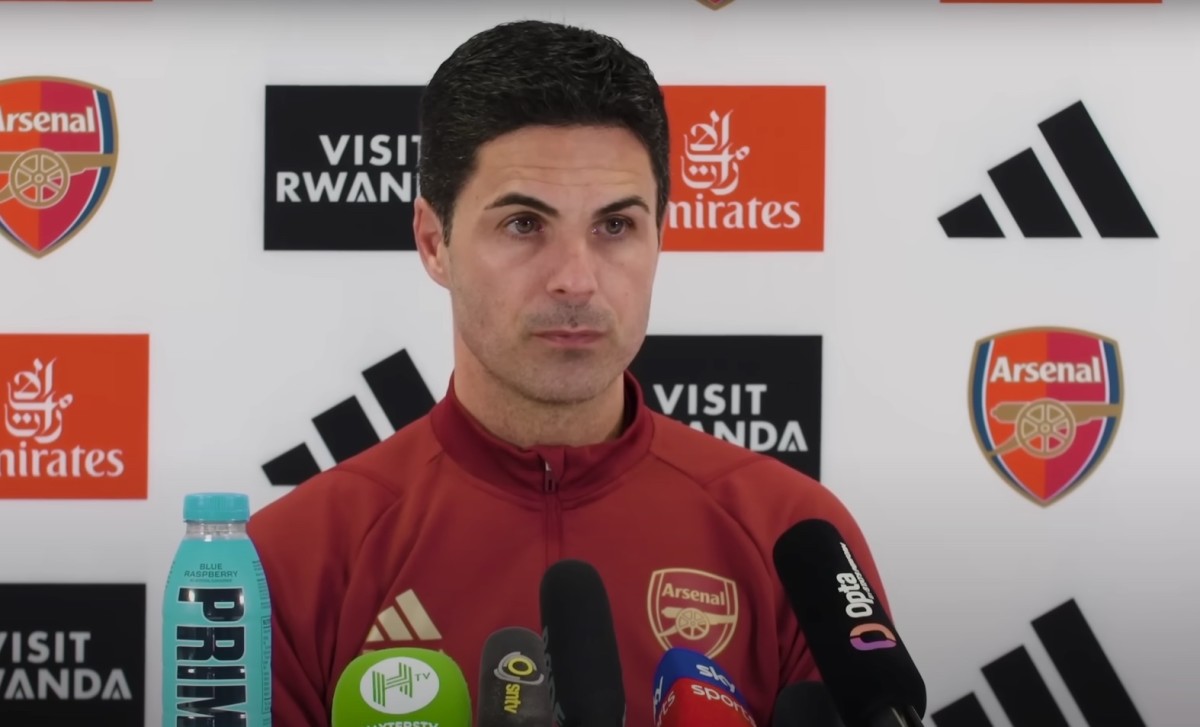 Mikel Arteta pictured speaking at an Arsenal press conference in January 2024