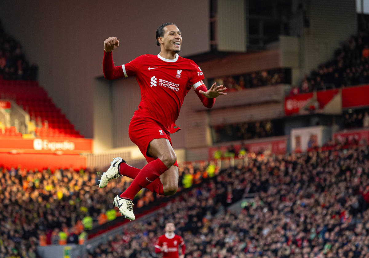 Liverpool captain Virgil van Dijk pictured celebrating after scoring a goal in a 5-2 win over Norwich City in the FA Cup in January 2024