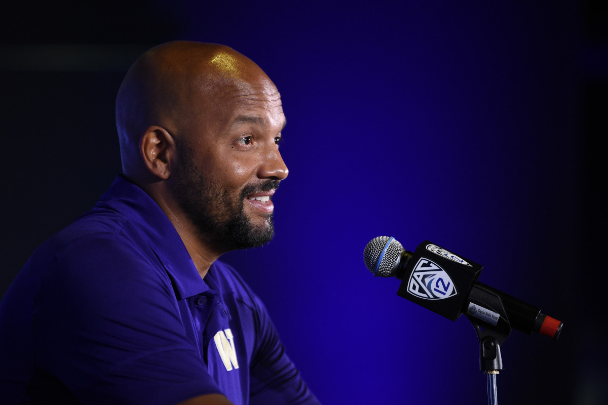 Jul 27, 2021; Hollywood, CA, USA; Washington Huskies head coach Jimmy Lake speaks with the media during the Pac-12 football Media Day at the W Hollywood.