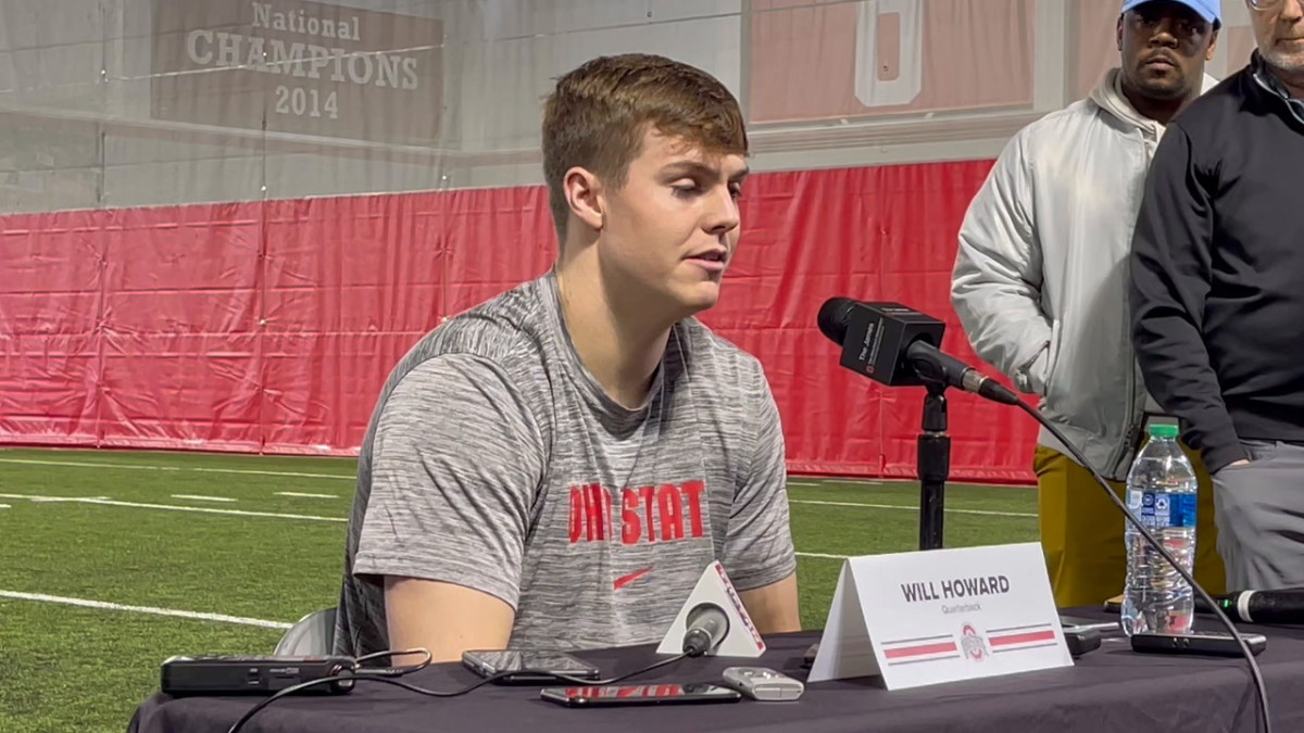 New Ohio State quarterback Will Howard meets with the local media for the first time since transferring from Kansas State