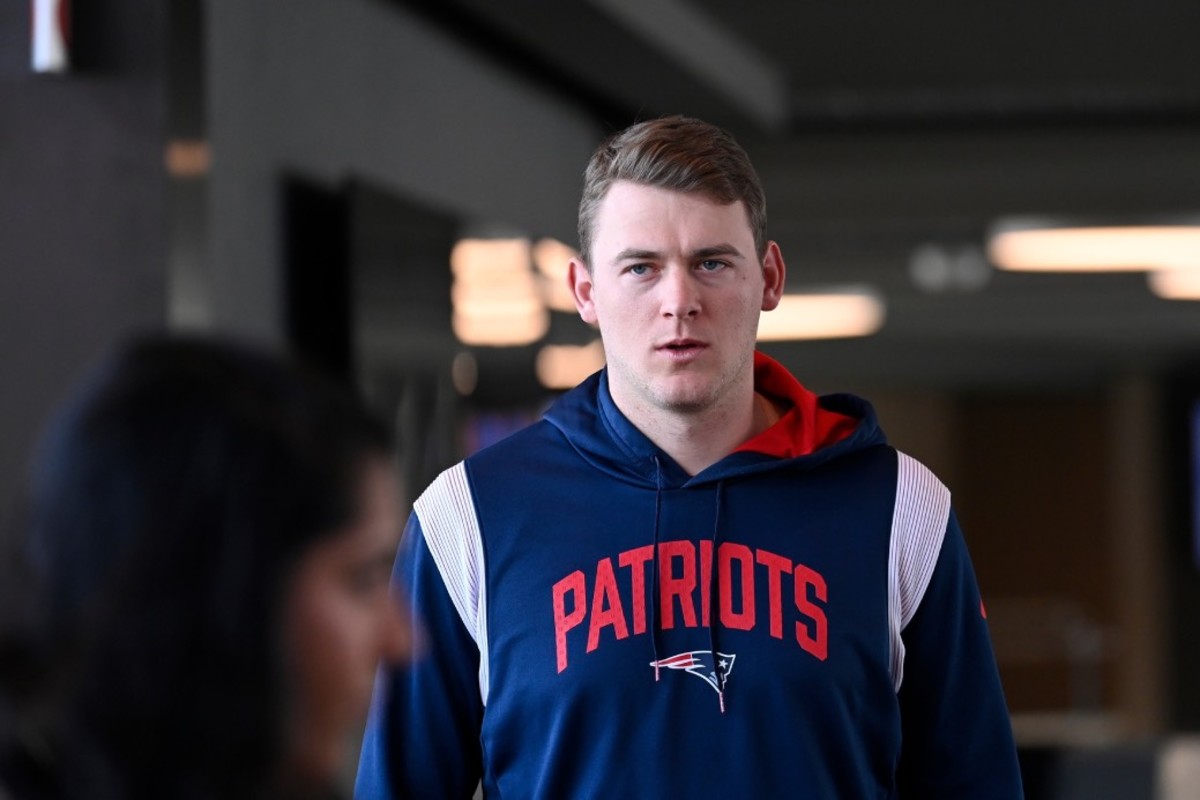 Jan 17, 2024; Foxborough, MA, USA; New England Patriots quarterback Mac Jones (10) arrives to a press conference held at Gillette Stadium to announce the team's hiring of new head coach Jerod Mayo (not pictured).
