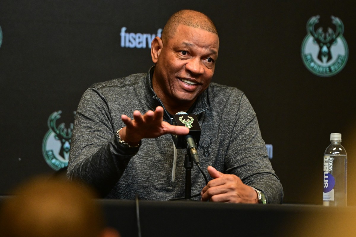 Doc Rivers speaks at a press conference where he was introduced as the new head coach of the Milwaukee Bucks
