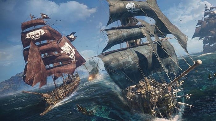 Two ships battle on the high seas of Skull and Bones.